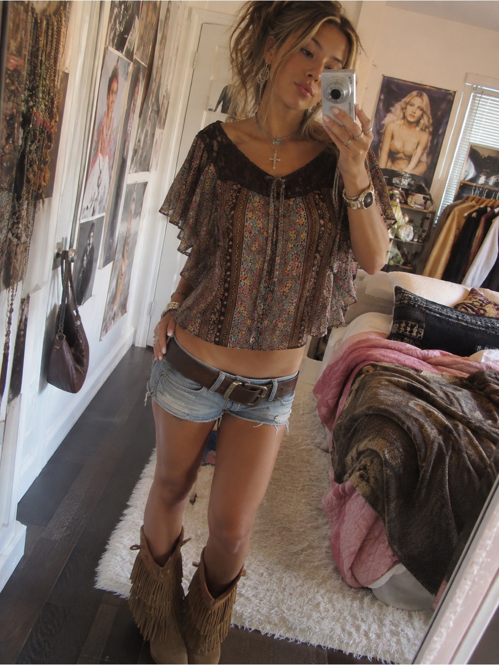 Y2K Mudd Brown Lace Red Green Floral Print Butterfly Wing Kimono Top L Western